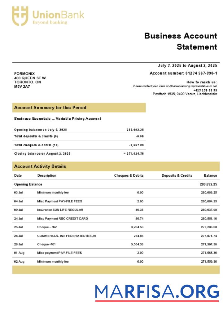 Realistic Union Bank AG company checking account statement Word and PDF template (1)